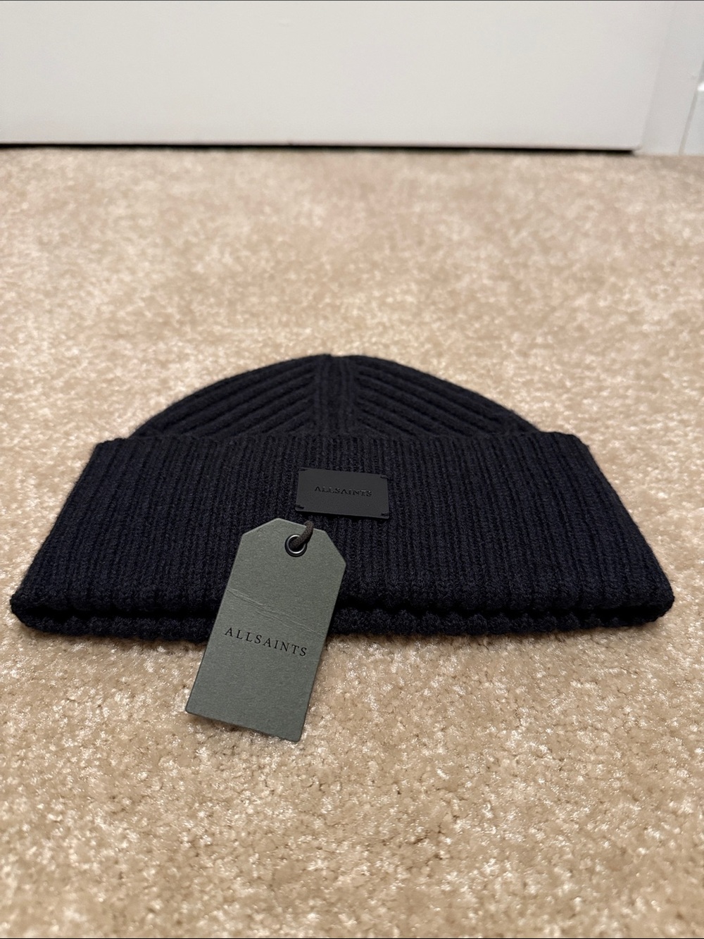 All Saints Black Ribbed Fold-Over Beanie